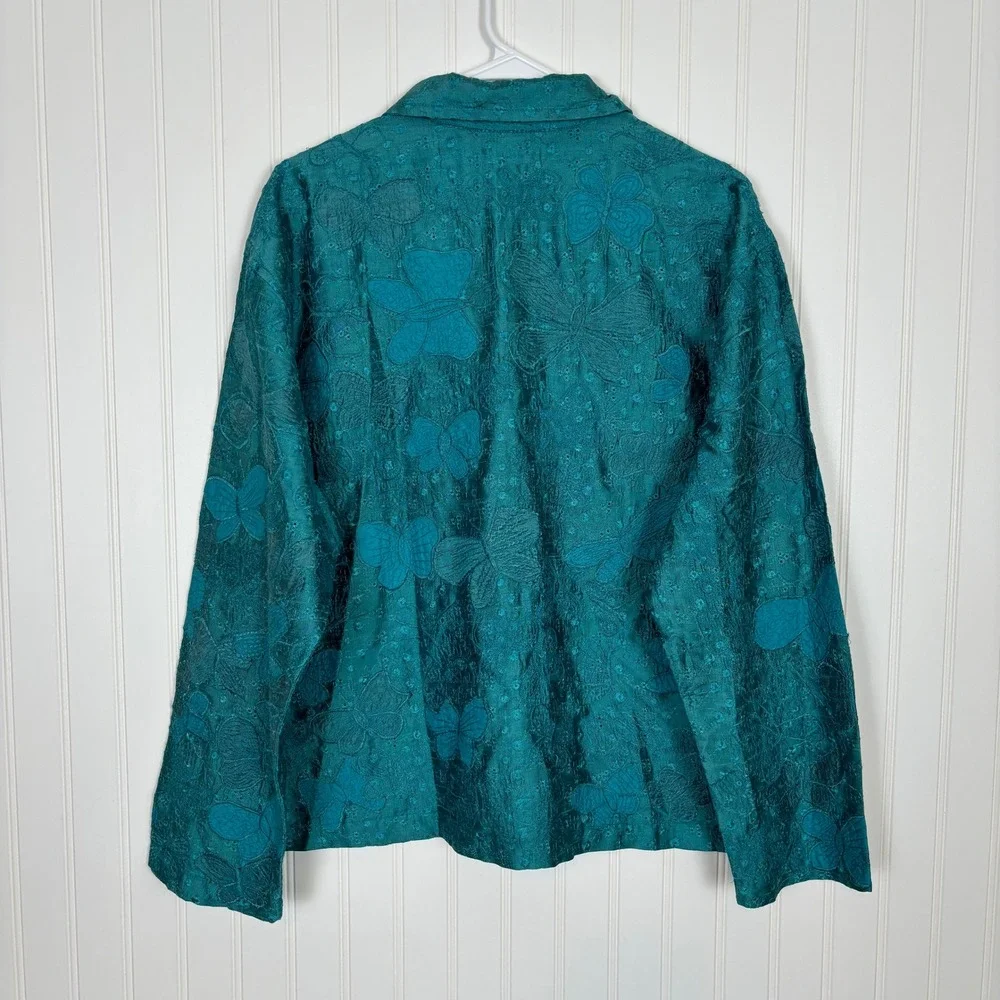 Vintage Chico's Teal Floral Button Up Blouse L Butterfly Silk Artsy Boho Retro - Picture 2 of 10